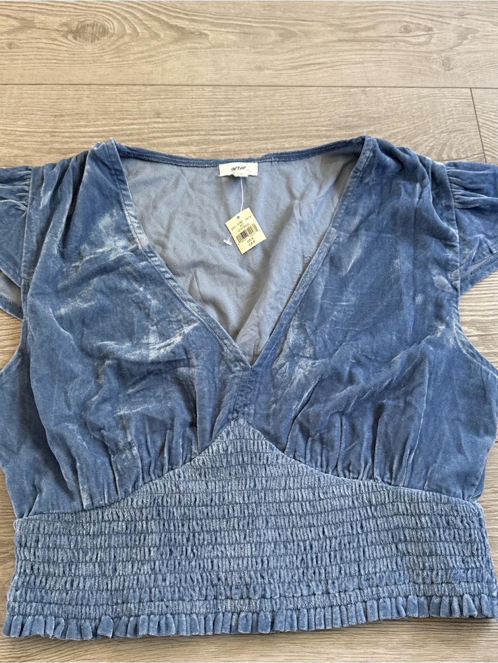aerie Blue Velvet V-Neck Smocked Crop Top